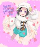  animal_costume birthday blush character_name english happy_birthday hat heart idolmaster idolmaster_side-m okamura_nao outstretched_arms sheep_costume sheep_hat shirt shorts smile striped striped_shirt suspenders 