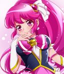  1girl absurdres aino_megumi blush breasts cure_lovely earrings happinesscharge_precure! heart heart_earrings highres jewelry long_hair looking_at_viewer magical_girl pink_eyes pink_hair ponytail precure sharumon smile solo 