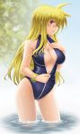  1girl blonde_hair fate_testarossa feet_in_water front_zipper_swimsuit highres long_hair lyrical_nanoha mahou_shoujo_lyrical_nanoha_strikers one-piece_swimsuit red_eyes soaking_feet standing sunago swimsuit unzipping water 