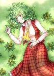  1girl blush flower green_hair kazami_yuuka lying mokku on_back on_grass plaid red_eyes short_hair skirt smile solo touhou 