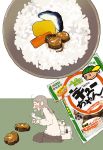  1girl bag cardigan carrot charm_(object) chopsticks eating kasuzuke kawanabe obentou open_mouth original pickle rice rice_bowl school_bag school_uniform serafuku solo takuan 