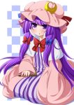  1girl blush book bow capelet coat crescent dress eichi_yuu hair_ribbon highres long_hair long_sleeves mob_cap open_clothes open_coat open_mouth patchouli_knowledge purple_hair ribbon sitting solo striped striped_dress touhou tress_ribbon very_long_hair violet_eyes wide_sleeves 