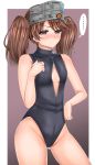  1girl brown_eyes brown_hair flat_chest front_zipper_swimsuit kantai_collection long_hair marukome01 one-piece_swimsuit ryuujou_(kantai_collection) swimsuit twintails visor_cap 