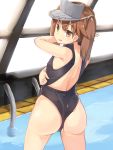  1girl ass brown_eyes brown_hair highres kantai_collection long_hair looking_at_viewer looking_back open_mouth rei_no_pool ryouya ryuujou_(kantai_collection) solo swimsuit twintails visor_cap 