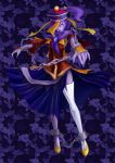  1girl absurdres adapted_costume ankle_cuffs asymmetrical_legwear chain chained_wrists chinese_clothes chongtian_yixiao_shualuanfei cuffed cuffs dress fingernails hat highres jiangshi long_fingernails no_pupils ofuda purple_background purple_hair purple_skin sharp_fingernails simple_background star touhou 