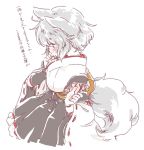  1girl albino animal_ears blush bow detached_sleeves inubashiri_momiji japanese_clothes long_sleeves mitsumoto_jouji no_hat obi profile red_eyes sash shirt short_hair simple_background skirt solo sweatdrop tail text touhou translation_request white_background white_hair wide_sleeves wolf_ears wolf_tail 