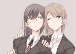  2girls blazer blonde_hair brown_hair glasses hand_on_shoulder long_hair multiple_girls original school short_hair simple_background touma_raito uniform winking 