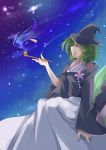  1girl abe_no_kiyohime absurdres flower ghost_tail green_eyes green_hair hat highres japanese_clothes kariginu long_skirt night night_sky open_mouth original riverbed_soul_saver sitting skirt sky smile touhou 