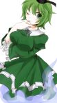  1girl blush breast_lift breasts dress ghost ghost_tail green_eyes green_hair hat highres juliet_sleeves large_breasts long_sleeves looking_at_viewer one_eye_closed puffy_sleeves short_hair soga_no_tojiko solo sui_(aruko91) tate_eboshi thinking touhou 