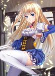  1girl blonde_hair blue_eyes boots breasts brooch cleavage corset detached_sleeves high_heel_boots high_heels jewelry leg_up long_hair original ray-akila smile solo sword thigh-highs weapon white_legwear 