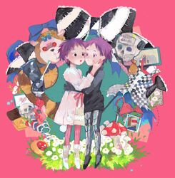  2girls black_eyes bow bra cookie dorohedoro dress dual_persona ebisu_(dorohedoro) flower food fujita_(dorohedoro) highres hug knife mask multiple_girls mushroom namepino pantyhose pink_background purple_hair short_hair skull stuffed_toy underwear violet_eyes 