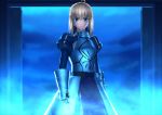  1girl ahoge armor armored_dress blonde_hair blue dress fate/stay_night fate_(series) faulds gauntlets green_eyes invisible_air kotera_ryou saber solo 
