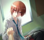  1boy 1girl brown_hair holding_hands little_busters!! mouth_hold nashihako natsume_kyousuke pocky pov red_eyes school_uniform short_hair window 