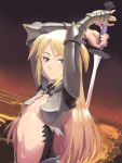  1girl armor arms_up blonde_hair green_eyes hair_ribbon long_hair looking_at_viewer meow_(nekodenki) metal_gloves midriff navel original revealing_clothes ribbon small_breasts solo sword two_side_up very_long_hair weapon 