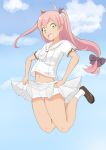  1girl ahoge blue_sky character_request fangs flat_chest jumping long_hair low-tied_long_hair mai_ball! navel open_mouth panties pantyshot pink_hair pleated_skirt school_uniform serafuku skirt sky socks solo striped striped_panties two_side_up underwear 