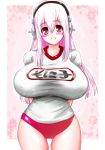  1girl blush breasts buruma gym_uniform headphones huge_breasts impossible_clothes impossible_shirt long_hair looking_at_viewer nitroplus perepere-kun pink_eyes pink_hair smile solo super_sonico 