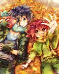  1boy 1girl alain_(pokemon) amamiya_kabosu brown_eyes leaf long_hair lying manon_(pokemon) pokemon pokemon_(anime) purple_hair redhead short_hair 