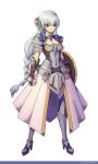  armor blue_eyes blue_hair boots braid breastplate breasts cleavage clenched_hand dress highres long_hair original ponytail shield standing thigh-highs twin_braids very_long_hair watermark web_address 