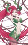  1girl arms_up bare_shoulders breasts cleavage es_(esscarlet) leaf league_of_legends long_hair looking_at_viewer monster_girl navel orange_eyes pink_hair redhead smile solo tagme thorns very_long_hair vines yellow_eyes zyra 