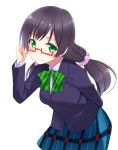  1girl bespectacled black_hair glasses green_eyes long_hair looking_at_viewer love_live!_school_idol_project natsuki_shuri ribbon school_uniform scrunchie smile solo toujou_nozomi twintails 