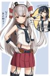  2girls agano_(kantai_collection) agano_(kantai_collection)_(cosplay) amatsukaze_(kantai_collection) anchor_symbol bare_shoulders black_hair blue_eyes blush breast_conscious brown_eyes choker clenched_hand crop_top emphasis_lines garter_straps gloves hand_on_belt headgear highres kantai_collection long_hair midriff multiple_girls neckerchief pleated_skirt rabochicken red_skirt sailor_collar school_uniform serafuku silver_hair skirt sleeveless sleeveless_shirt sweat thigh-highs two_side_up v v_over_eye wavy_mouth white_gloves 