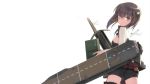 1girl airplane ass back bike_shorts bow_(weapon) brown_eyes brown_hair cartridge crossbow flat_chest flight_deck headgear highres kantai_collection looking_at_viewer looking_back machinery official_art shimada_fumikane short_hair taihou_(kantai_collection) weapon 