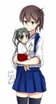  2girls blue_skirt brown_eyes brown_hair carrying child japanese_clothes kaga_(kantai_collection) kairoushu_(dones01127) kantai_collection long_hair looking_at_viewer multiple_girls red_skirt side_ponytail skirt smile thigh-highs twintails younger zuikaku_(kantai_collection) 