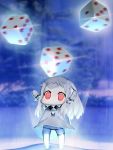  1girl ahoge arms_up canzhajiang chibi covered_mouth dice dress horns kantai_collection long_hair mittens northern_ocean_hime red_eyes shinkaisei-kan solo white_dress white_hair white_skin 