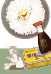 1girl bag butter cardigan charm_(object) chopsticks eating kawanabe original rice rice_bowl school_bag school_uniform serafuku solo soy_sauce 