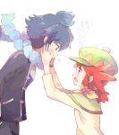  1boy 1girl alain_(pokemon) blue_eyes blue_hair hands_on_another&#039;s_cheeks hands_on_another&#039;s_face hat long_hair looking_at_another manon_(pokemon) mei_(maysroom) pokemon pokemon_(anime) red_eyes redhead short_hair 