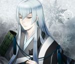  1boy blue_hair japanese_clothes kousetsu_samonji long_hair male_focus mizuhara_aki snowflakes sode solo touken_ranbu upper_body very_long_hair 