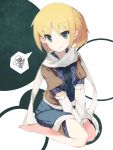  1girl barefoot blonde_hair fang green_eyes half_updo head_tilt looking_at_viewer mizuhashi_parsee open_mouth pointy_ears sakaki_(utigi) scarf seiza short_hair sitting skirt solo spoken_squiggle squiggle tears touhou tsurime undershirt 