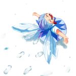  1girl blue_dress blue_hair cirno closed_eyes detached_wings dress footprints from_above ice ice_wings sisikuku smile snow snowflakes snowing solo touhou wings 