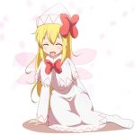  1girl :d ^_^ arm_support blonde_hair blush bow capelet cato_(monocatienus) cherry_blossoms closed_eyes dress facing_viewer fairy_wings hair_between_eyes happy hat hat_bow lily_white long_hair open_mouth petals sitting smile socks solo touhou very_long_hair white_dress white_legwear wings yokozuwari 