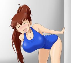  1girl breasts brown_hair cleavage closed_eyes kikumi_kazuki large_breasts long_hair ponytail school_swimsuit swimsuit taneshima_popura working!! 