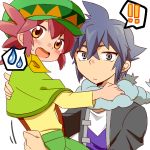  ! 1boy 1girl alain_(pokemon) carrying hat long_hair looking_at_viewer manon_(pokemon) nekonekopunyann pokemon pokemon_(anime) purple_hair redhead short_hair spoken_exclamation_mark spoken_sweatdrop sweatdrop 