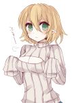  &gt;:&lt; 1girl alternate_costume angry blonde_hair blush breasts cleavage frown green_eyes highres looking_at_viewer mizuhashi_parsee open-chest_sweater pointy_ears ribbed_sweater short_hair sleeves_past_wrists solo sui_(aruko91) sweater touhou upper_body 