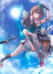  1girl bird blue_eyes breasts brown_hair eagle gloves hair_ornament headgear highres kantai_collection konkito maya_(kantai_collection) one_eye_closed school_uniform serafuku short_hair skirt sky solo sun 