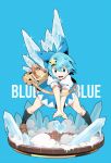  1girl bag blue_dress blue_eyes blue_hair bow cirno dress hair_bow hair_ornament heart highres ice ice_crystal ice_wings open_mouth puffy_short_sleeves puffy_sleeves shirt short_sleeves shoulder_bag smile sofa_(enogunomu) solo star_hair_ornament touhou v_arms wings 