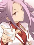  1girl brown_eyes cup holding ice jun&#039;you_(kantai_collection) kantai_collection long_hair primary_stage purple_hair smile solo spiky_hair twitter_username 