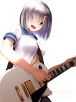  1girl akabane_rin between_breasts blue_eyes character_name electric_guitar guitar hair_ornament hair_over_one_eye hairclip hamakaze_(kantai_collection) highres instrument kantai_collection looking_at_viewer looking_down open_mouth pantyhose school_uniform short_hair silver_hair simple_background skirt solo strap_cleavage white_background 