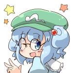  1girl :d bespectacled blue_eyes blue_hair blush dress glasses hair_bobbles hair_ornament hat jinnouchi_akira kawashiro_nitori looking_at_viewer looking_back open_mouth shirt short_hair simple_background smile solo star touhou twintails upper_body v white_background winking 