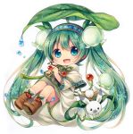  1girl :3 :d ahoge blue_eyes blush boots capelet chibi flower full_body green_hair hair_flower hair_ornament hairband hatsune_miku holding kagami_leo leaf long_hair no_nose open_mouth rabbit smile snowdrop_(flower) snowflakes twintails very_long_hair vocaloid white_background yuki_miku 