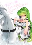  1girl breasts c.c. cleavage code_geass creayus green_hair legs_up long_hair looking_at_viewer simple_background smile straitjacket white_background yellow_eyes 