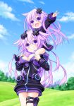  2girls :d blush breasts carrying_over_shoulder choujigen_game_neptune cleavage hair_ornament lavender_hair long_hair multiple_girls neptune_(choujigen_game_neptune) neptune_(series) open_mouth shin_jigen_game_neptune_vii smile tagme taka_(suigendou) v violet_eyes 