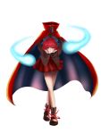  1girl akichiasu ankle_boots boots cape disembodied_head hair_ribbon hitodama looking_at_viewer parted_lips red_eyes redhead ribbon sekibanki short_hair simple_background solo touhou white_background 