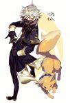  1boy black_gloves bukurote earrings fox gloves highres jewelry male_focus menpoo military military_uniform nakigitsune nakigitsune&#039;s_fox ready_to_draw silver_hair sword touken_ranbu uniform wakizashi weapon yellow_eyes 