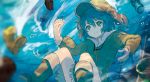  1girl blue_eyes blue_hair blurry boots bubble hair_bobbles hair_ornament hat kawashiro_nitori key kitsune_(kazenouta) long_sleeves looking_up rubber_boots shirt skirt smile solo string submerged touhou twintails underwater water 