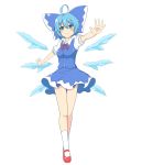  1girl blue_dress blue_eyes blue_hair blush bow breasts cirno dress hair_bow highres short_hair simple_background skirt smile solo thigh-highs touhou wade white_background wings 