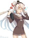  1girl amatsukaze_(kantai_collection) artist_request brown_eyes dress garter_straps glasses hair_tubes kantai_collection long_hair looking_at_viewer open_mouth sailor_dress short_dress silver_hair solo striped striped_legwear tagme thigh-highs twitter_username two_side_up windsock 